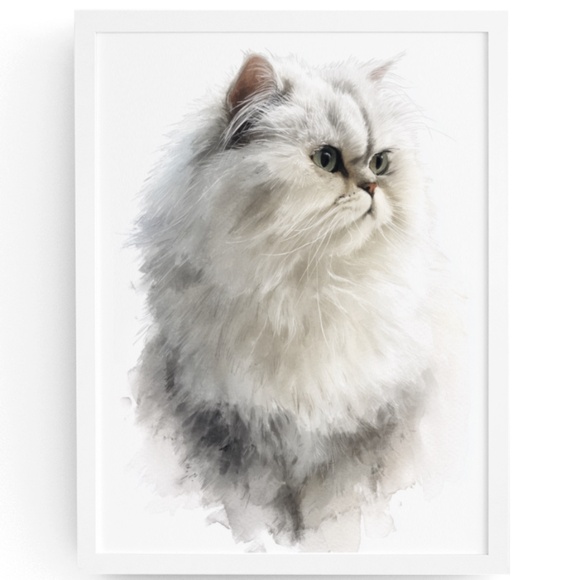 Watercolor White Persian Cat Portrait Wall Art Print Poster, Unframed - Picture 1 of 6